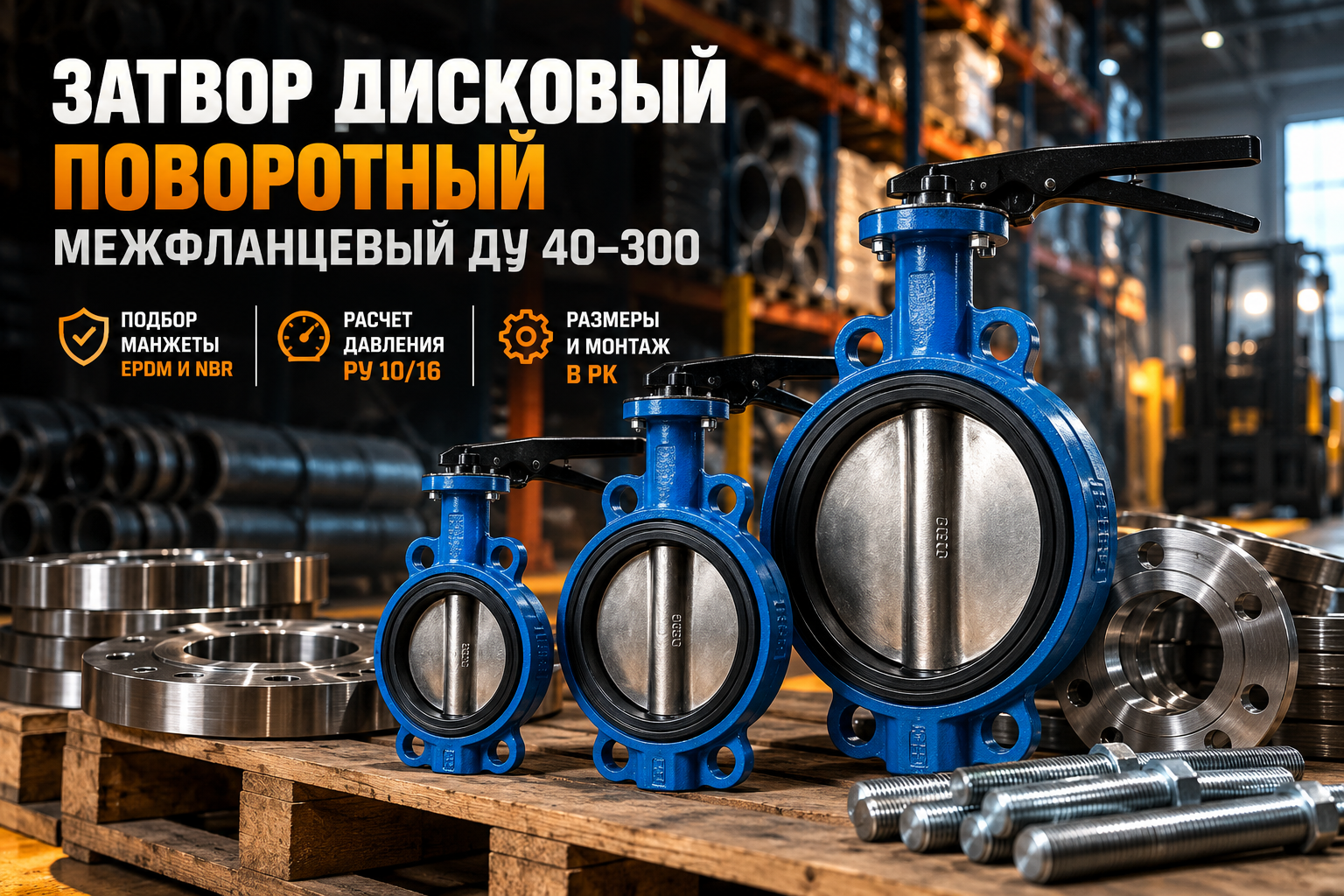 Затвор дисковый поворотный межфланцевый Ду 40–300: подбор манжеты EPDM и NBR, расчет давления Ру 10/16, размеры и монтаж в РК