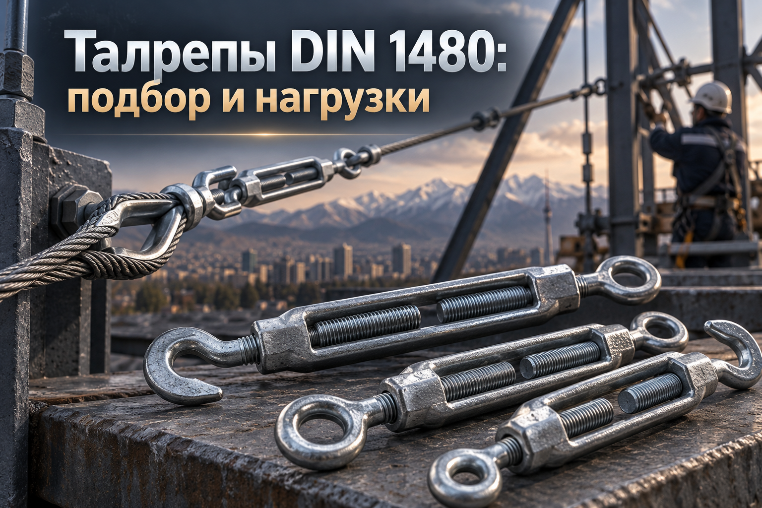 Талреп DIN 1480 (крюк-кольцо, кольцо-кольцо, крюк-крюк): подбор размеров М6–М36, таблица рабочих нагрузок и монтаж в Казахстане