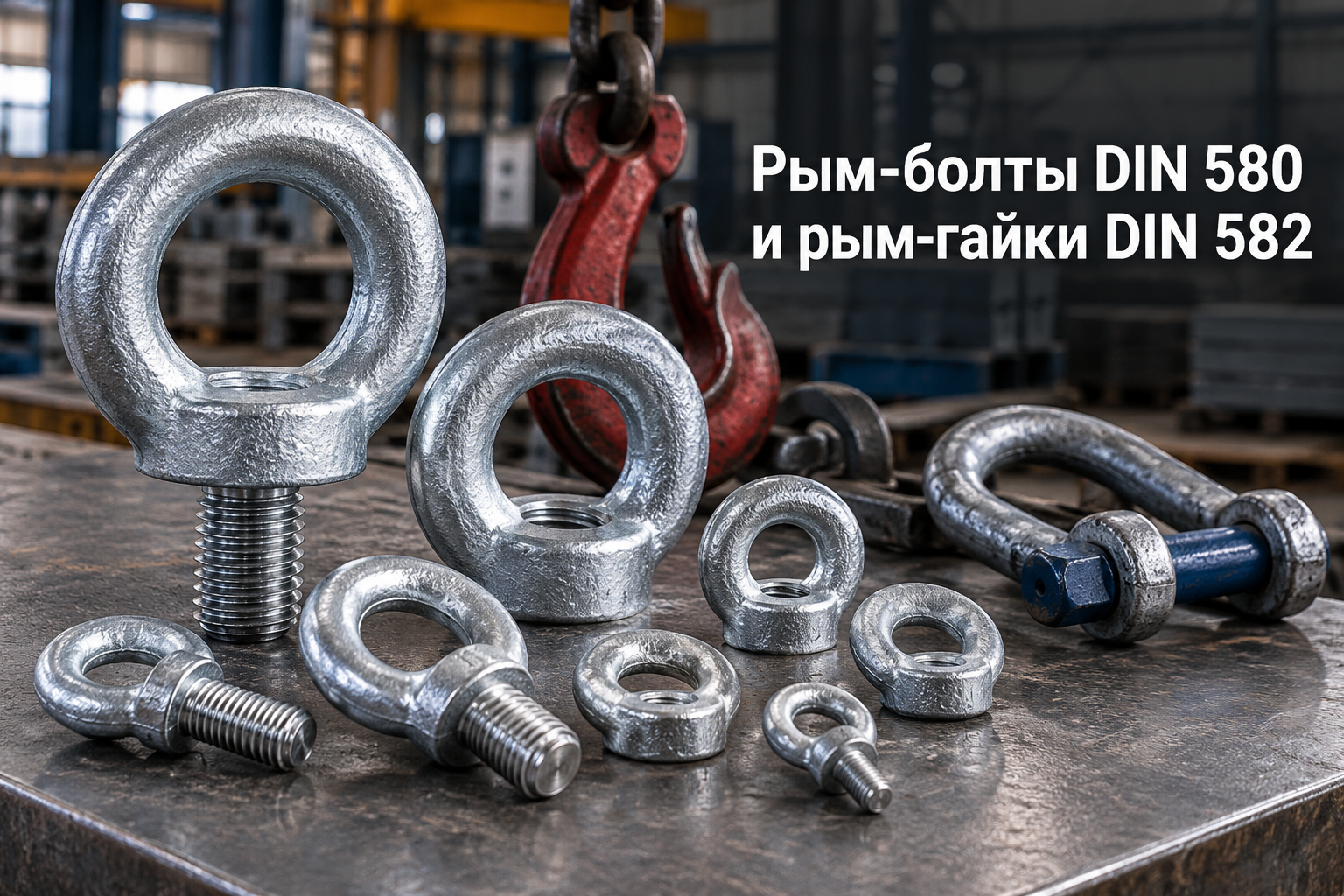 Рым-болт DIN 580 и рым-гайка DIN 582: размеры, грузоподъемность, угол строповки и монтаж