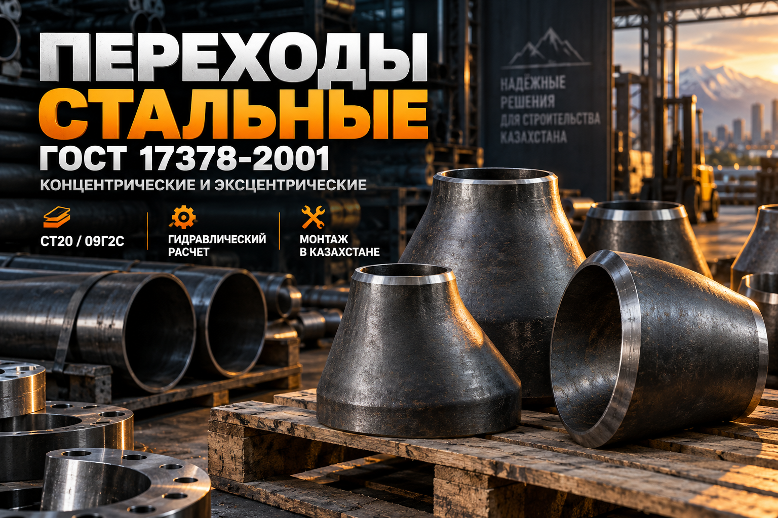 Переходы стальные ГОСТ 17378-2001: концентрические и эксцентрические, выбор марок стали Ст20/09Г2С, гидравлический расчет и монтаж в Казахстане