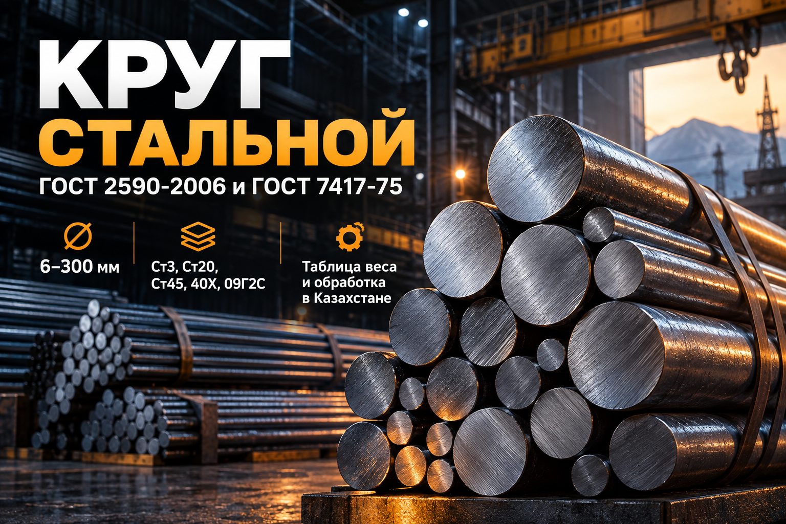 Круг стальной ГОСТ 2590-2006 и ГОСТ 7417-75: размеры 6–300 мм, марки стали Ст3, Ст20, Ст45, 40Х, 09Г2С, таблица веса и обработка в Казахстане