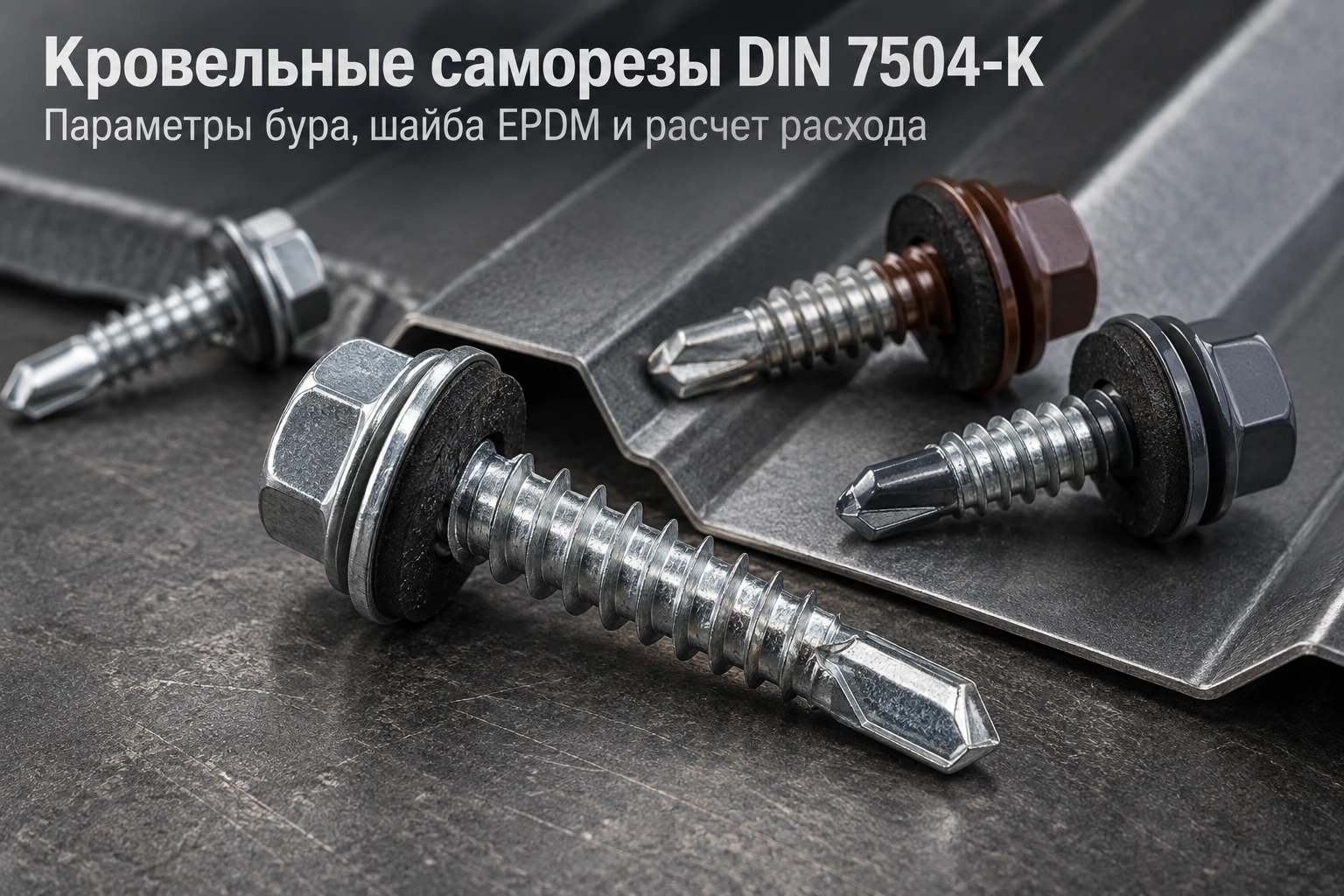 Саморезы кровельные DIN 7504-K (по металлу и дереву): размеры 4.8–6.3 мм, толщина сверления, покрытие RAL, таблица веса и монтаж в Казахстане
