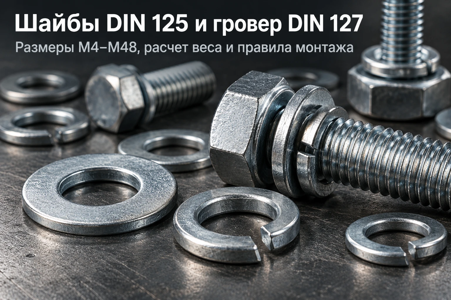 Шайбы плоские DIN 125 и пружинные (гровер) DIN 127: размеры М4–М48, таблица веса и правила подбора пары в РК
