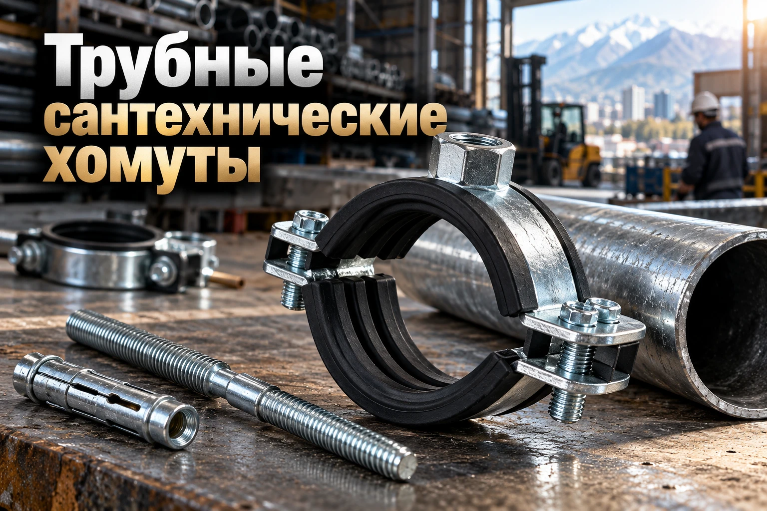 Хомут трубный сантехнический с резиновым уплотнителем (EPDM): размеры от 3/8" до 8", подбор шпильки, шаг крепления и монтаж в Казахстане